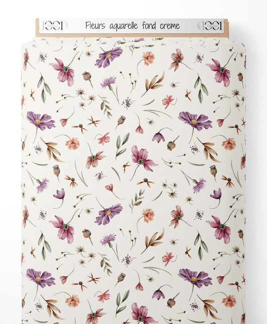 Tissu - Fleurs aquarelle fond crème
