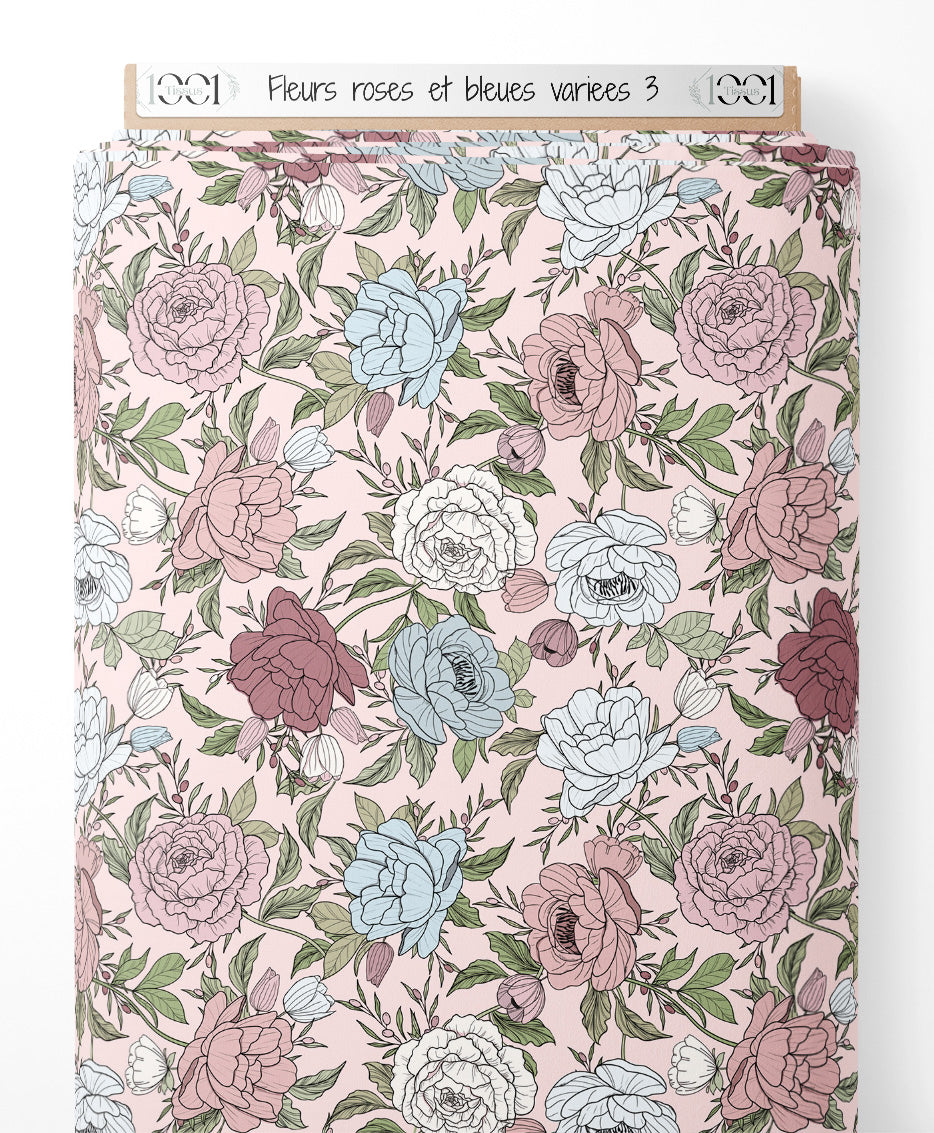 Tissu - Fleurs roses et bleues variées 3