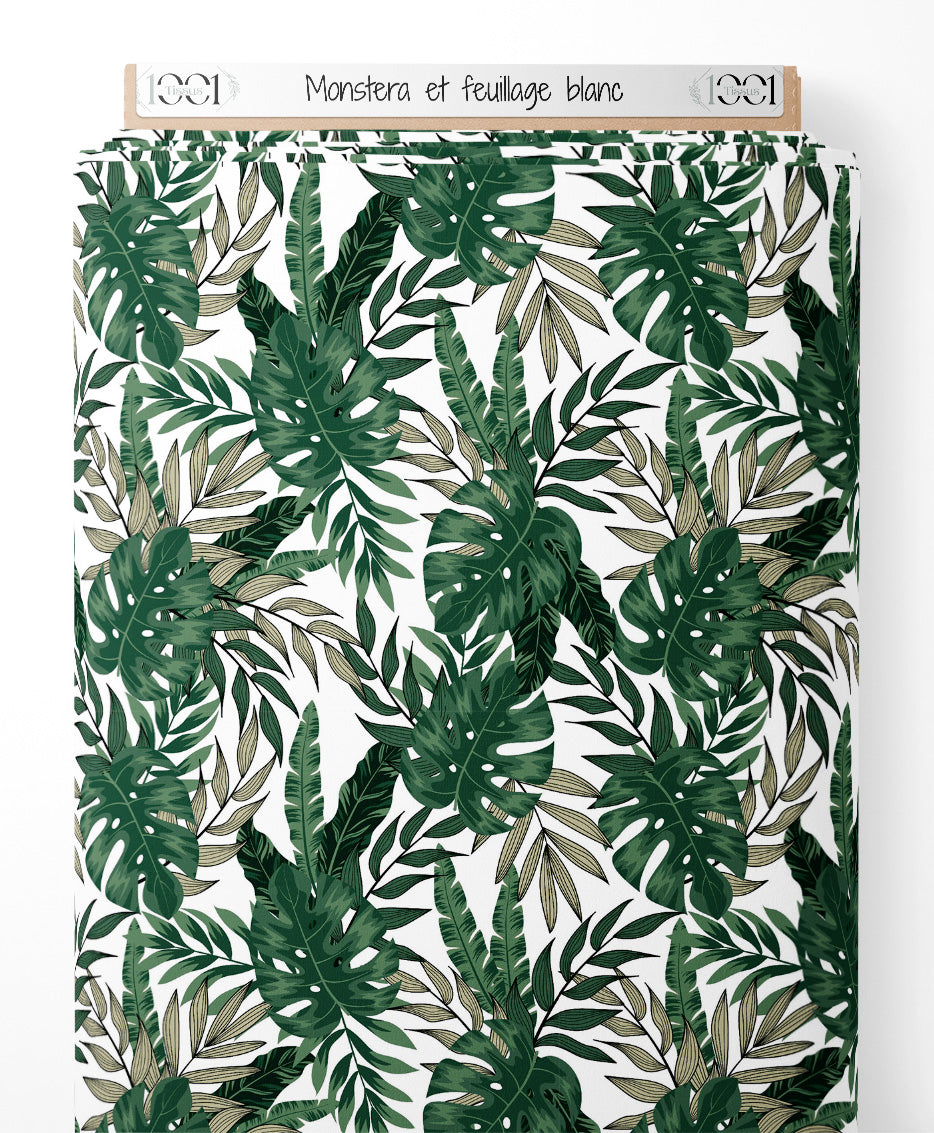 Tissu - Monstera et feuillage blanc