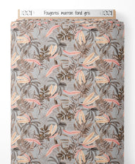 Tissu - Fougères marron sur fond gris