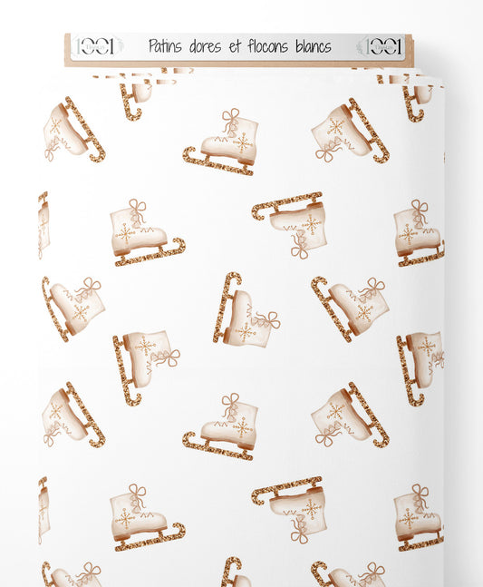 Tissu - Patins dorés et flocons blancs