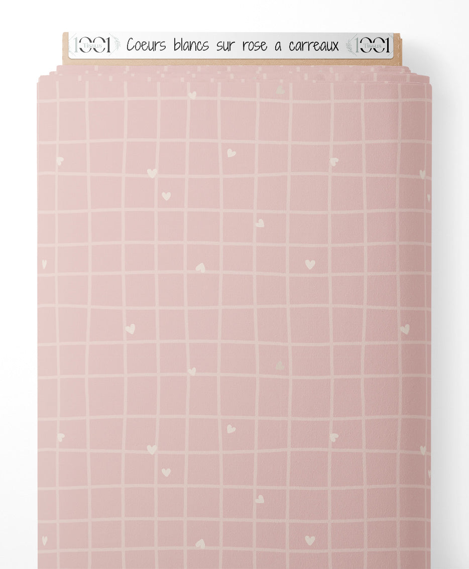 Tissu - Cœurs blancs sur rose à carreaux