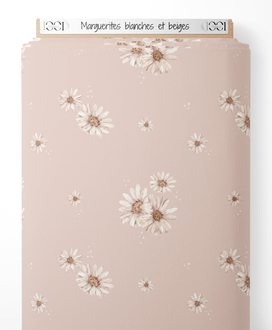 Tissu - Marguerites blanches et beiges