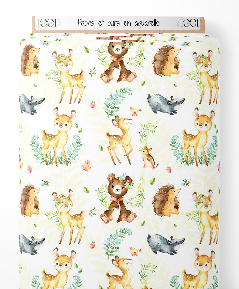 Tissu - Faons et ours en aquarelle