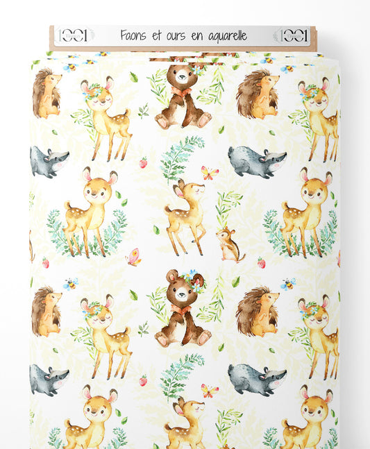 Tissu - Faons et ours en aquarelle