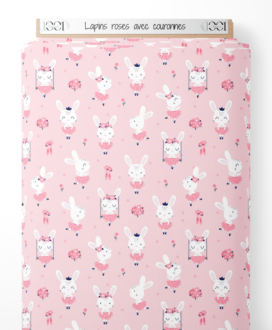Tissu - Lapins roses avec couronnes