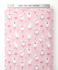 Tissu - Lapins roses avec couronnes