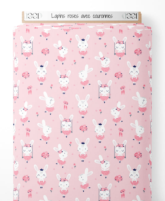Tissu - Lapins roses avec couronnes