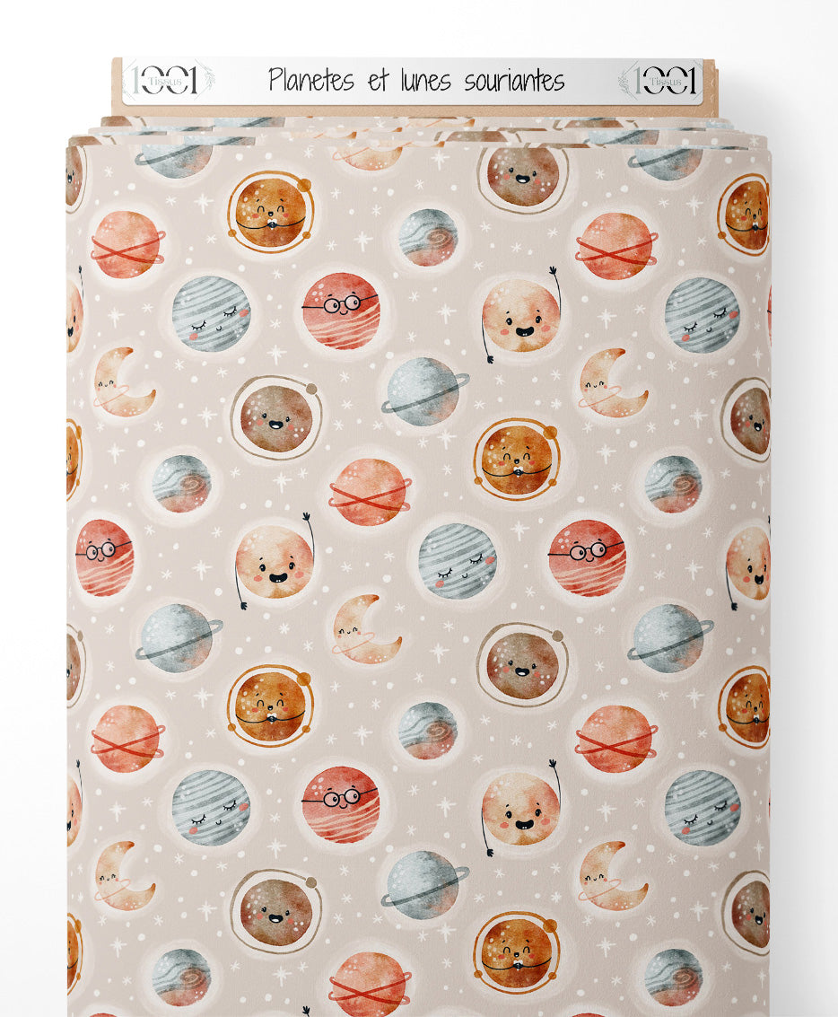 Tissu - Planètes et lunes souriantes