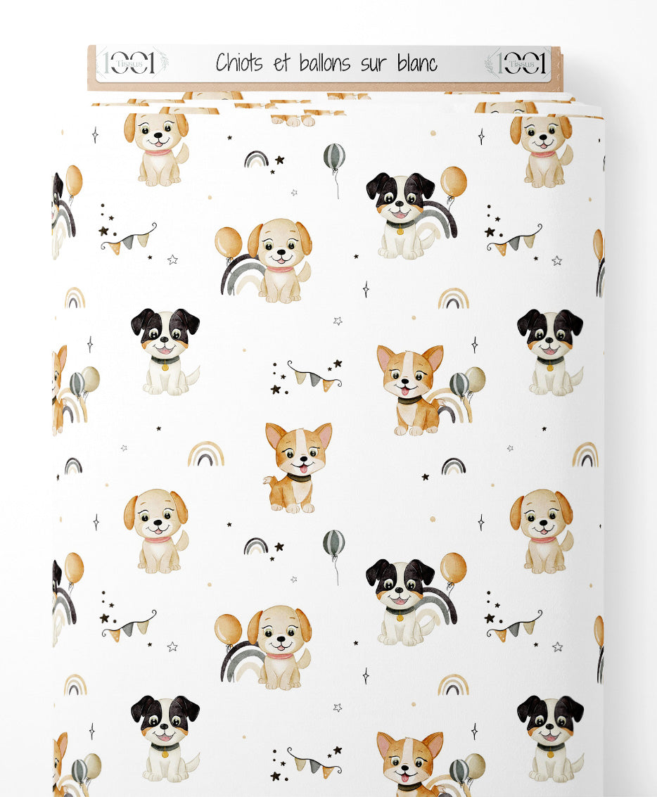 Tissu - Chiots et ballons sur blanc