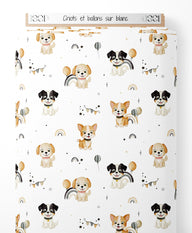 Tissu - Chiots et ballons sur blanc