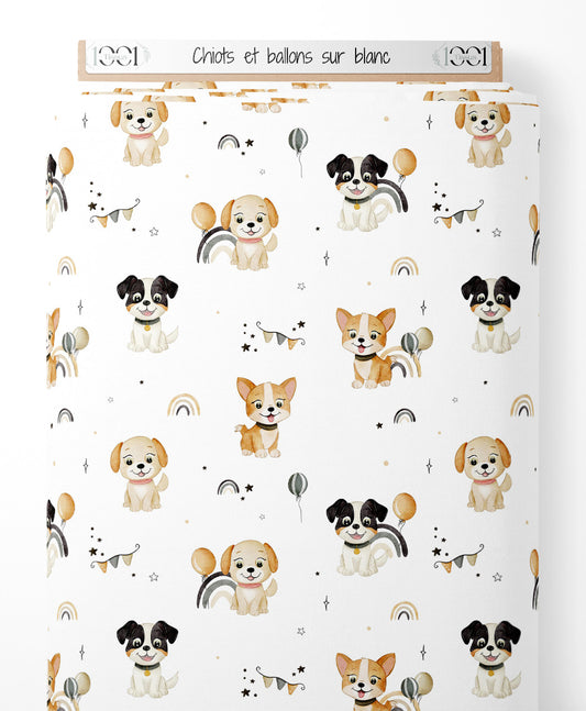 Tissu - Chiots et ballons sur blanc