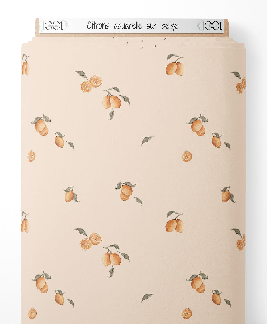 Tissu - Citrons aquarelle sur beige