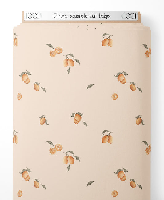 Tissu - Citrons aquarelle sur beige