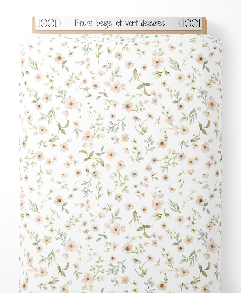 Tissu - Fleurs beige et vert délicates