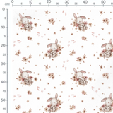 Tissu - Lapins gris et fleurs blanches