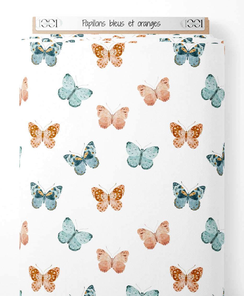 Tissu - Papillons bleus et oranges