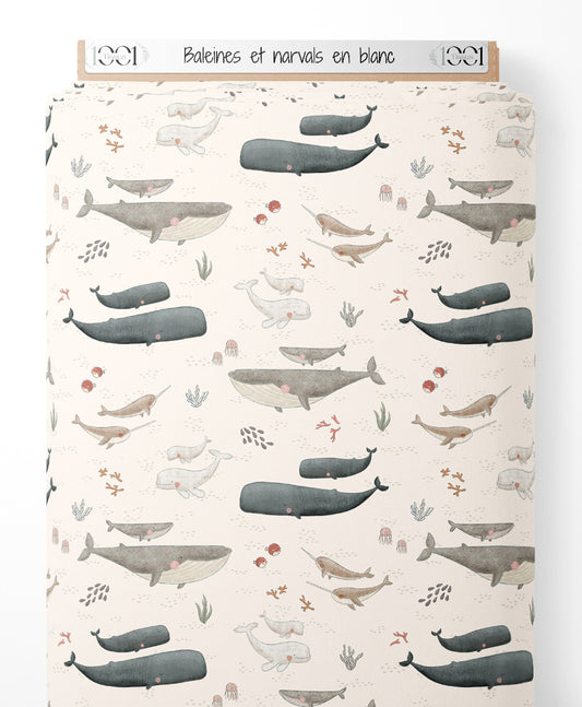 Tissu - Baleines et narvals en blanc