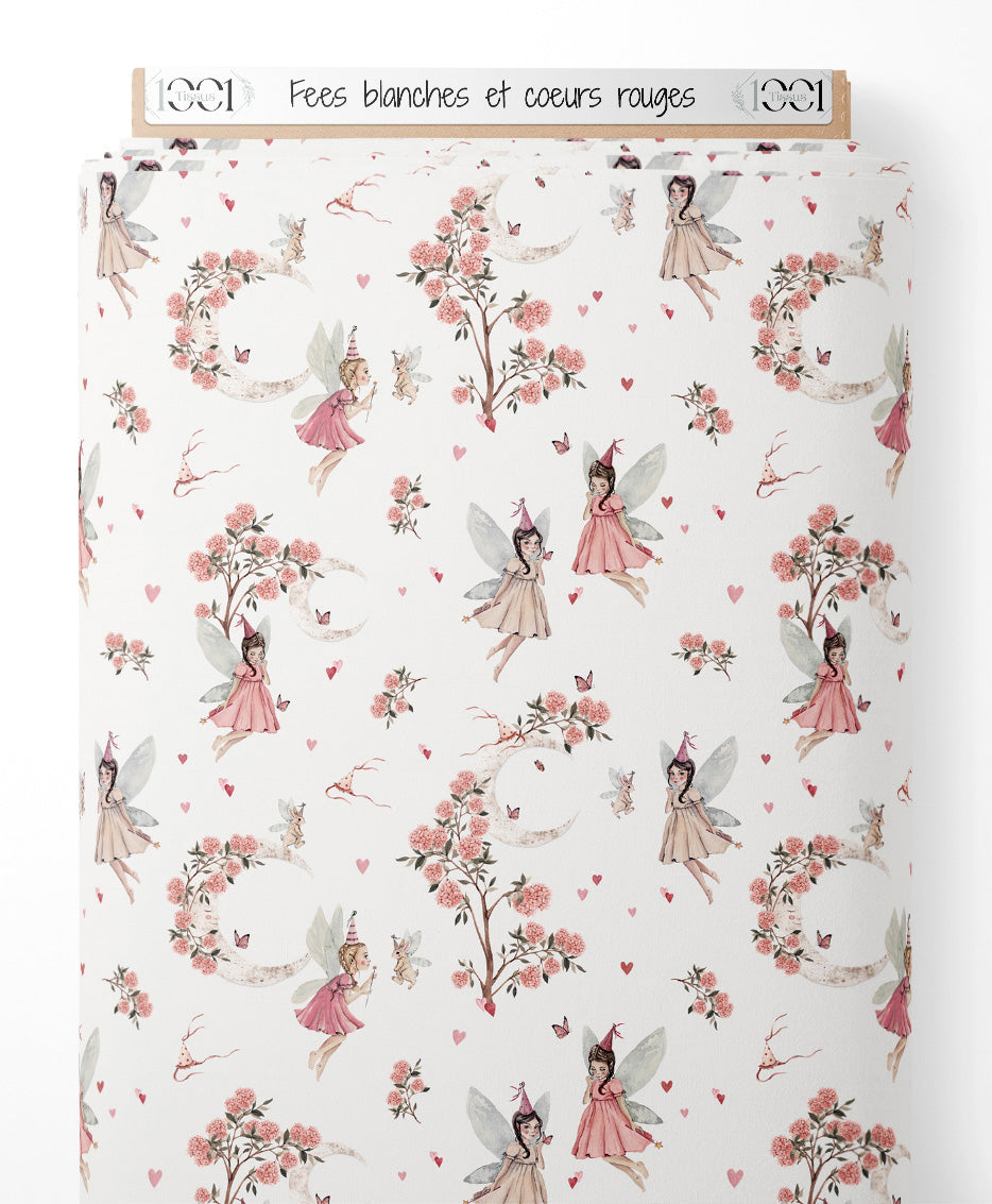 Tissu - Fées blanches et cœurs rouges