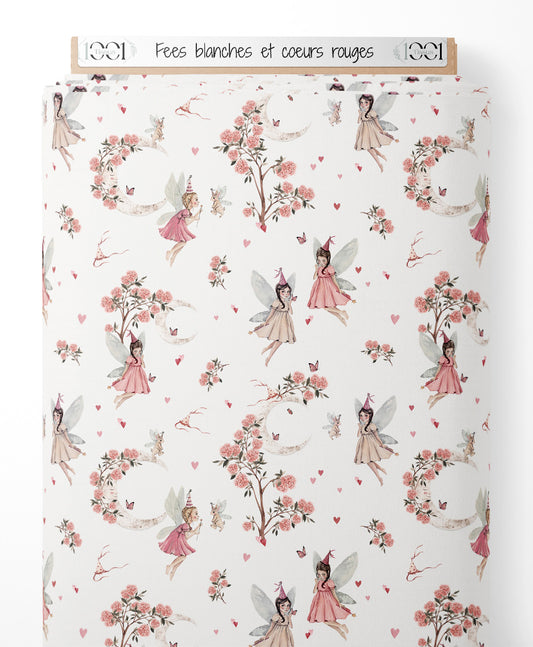 Tissu - Fées blanches et cœurs rouges