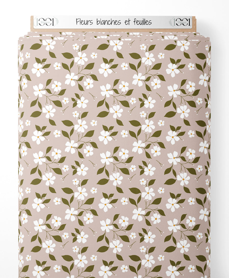 Tissu - Fleurs blanches et feuilles
