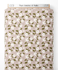Tissu - Fleurs blanches et feuilles