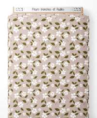 Tissu - Fleurs blanches et feuilles