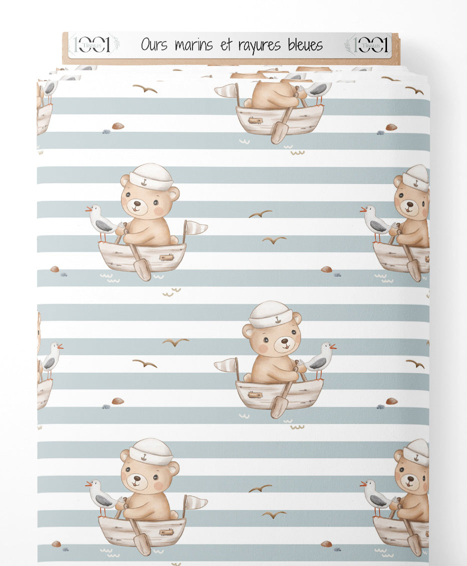 Tissu - Ours marins et rayures bleues