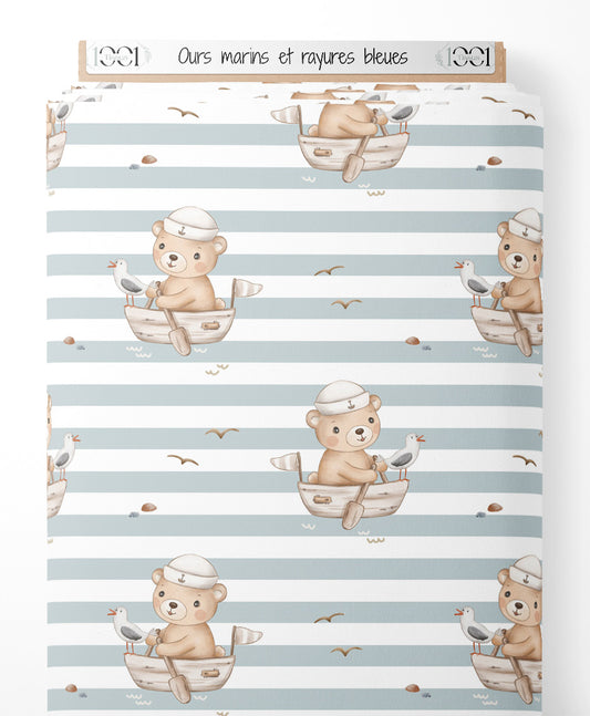 Tissu - Ours marins et rayures bleues