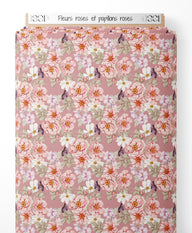 Tissu - Fleurs roses et papillons roses
