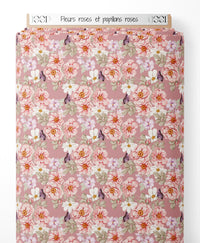 Tissu - Fleurs roses et papillons roses