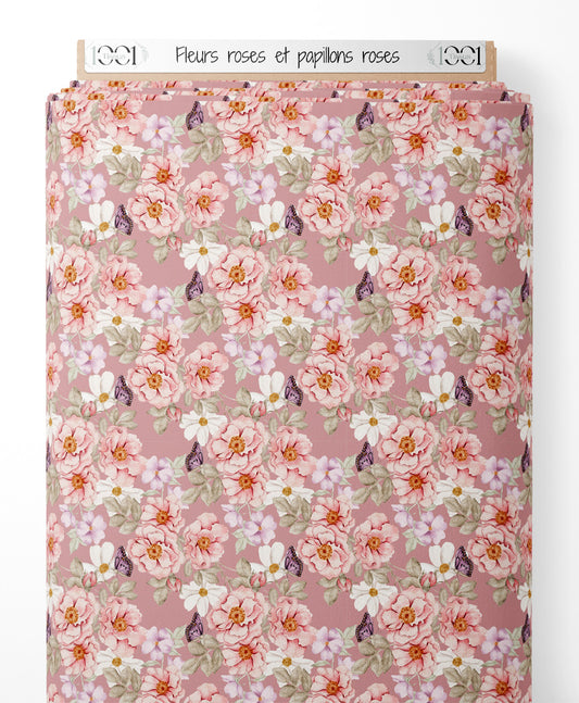 Tissu - Fleurs roses et papillons roses