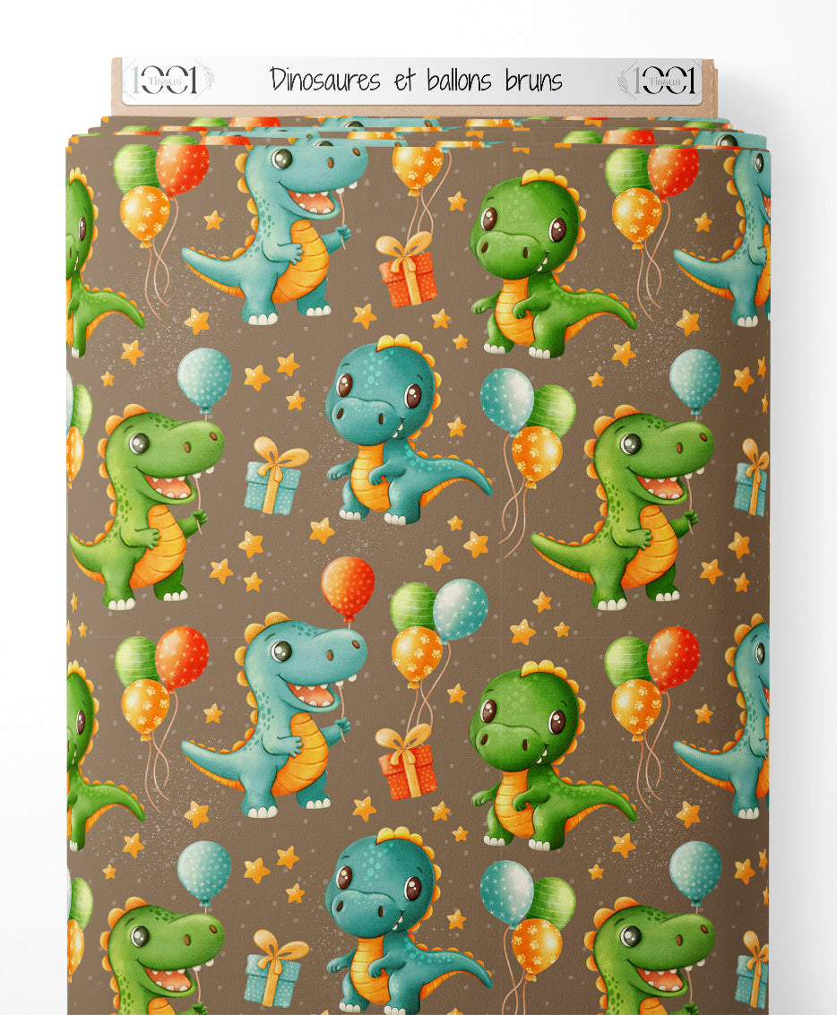Tissu - Dinosaures et ballons bruns