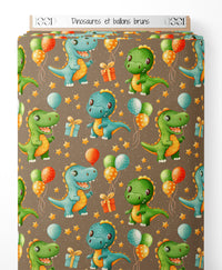 Tissu - Dinosaures et ballons bruns
