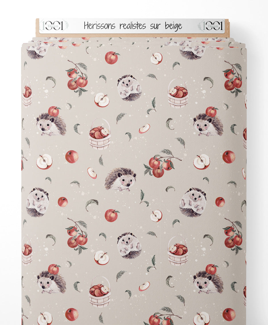 Tissu - Hérissons réalistes sur beige