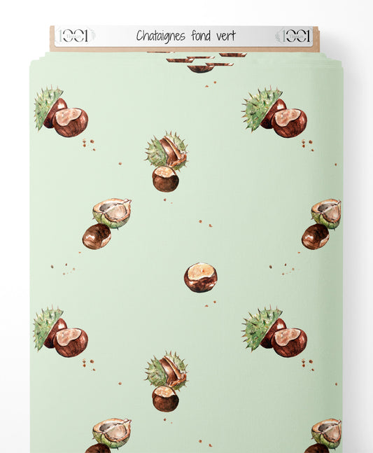 Tissu - Châtaignes sur fond vert