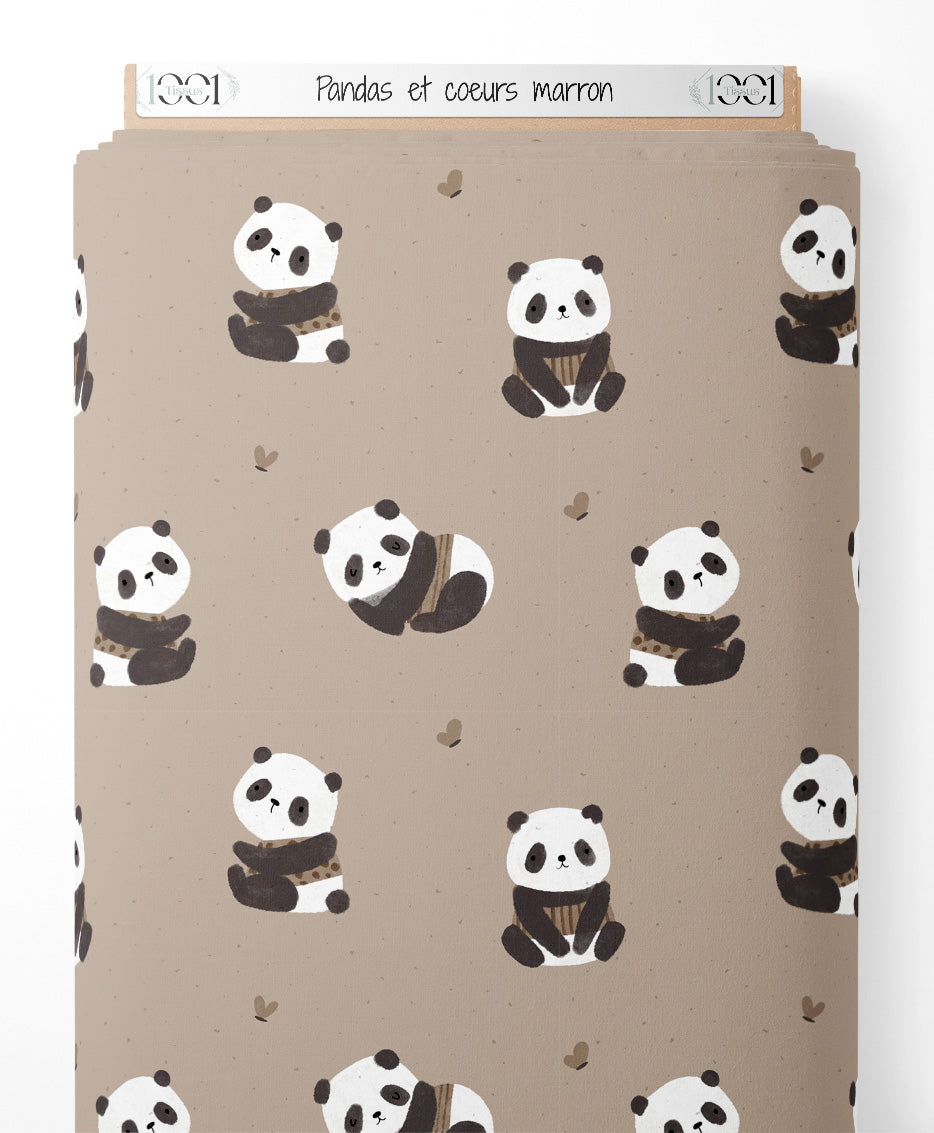 Tissu - Pandas et cœurs marron