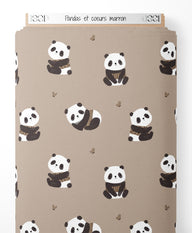 Tissu - Pandas et cœurs marron
