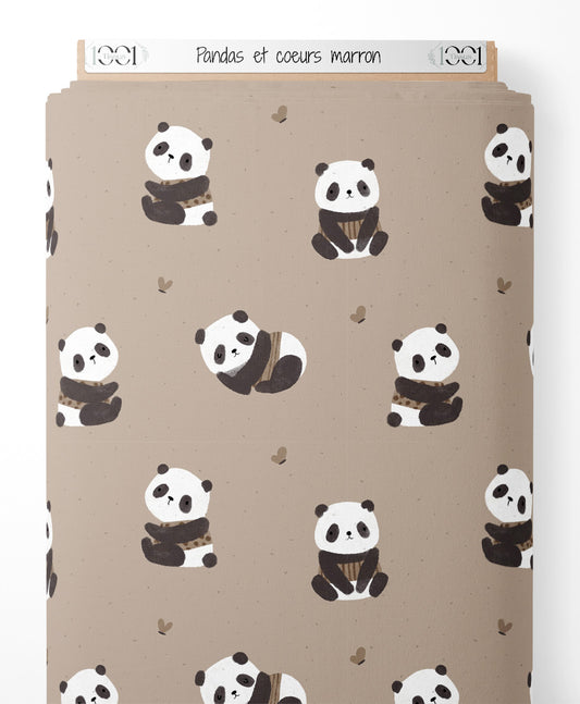 Tissu - Pandas et cœurs marron