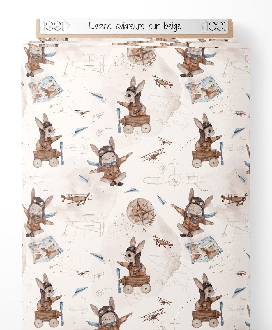 Tissu - Lapins aviateurs sur beige