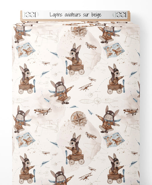 Tissu - Lapins aviateurs sur beige