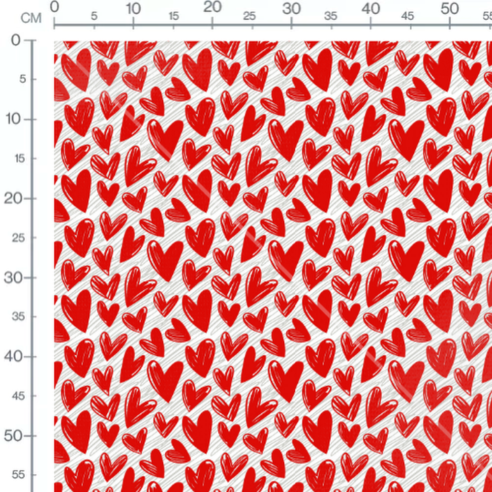 Tissu - Cœurs rouges et lignes grises