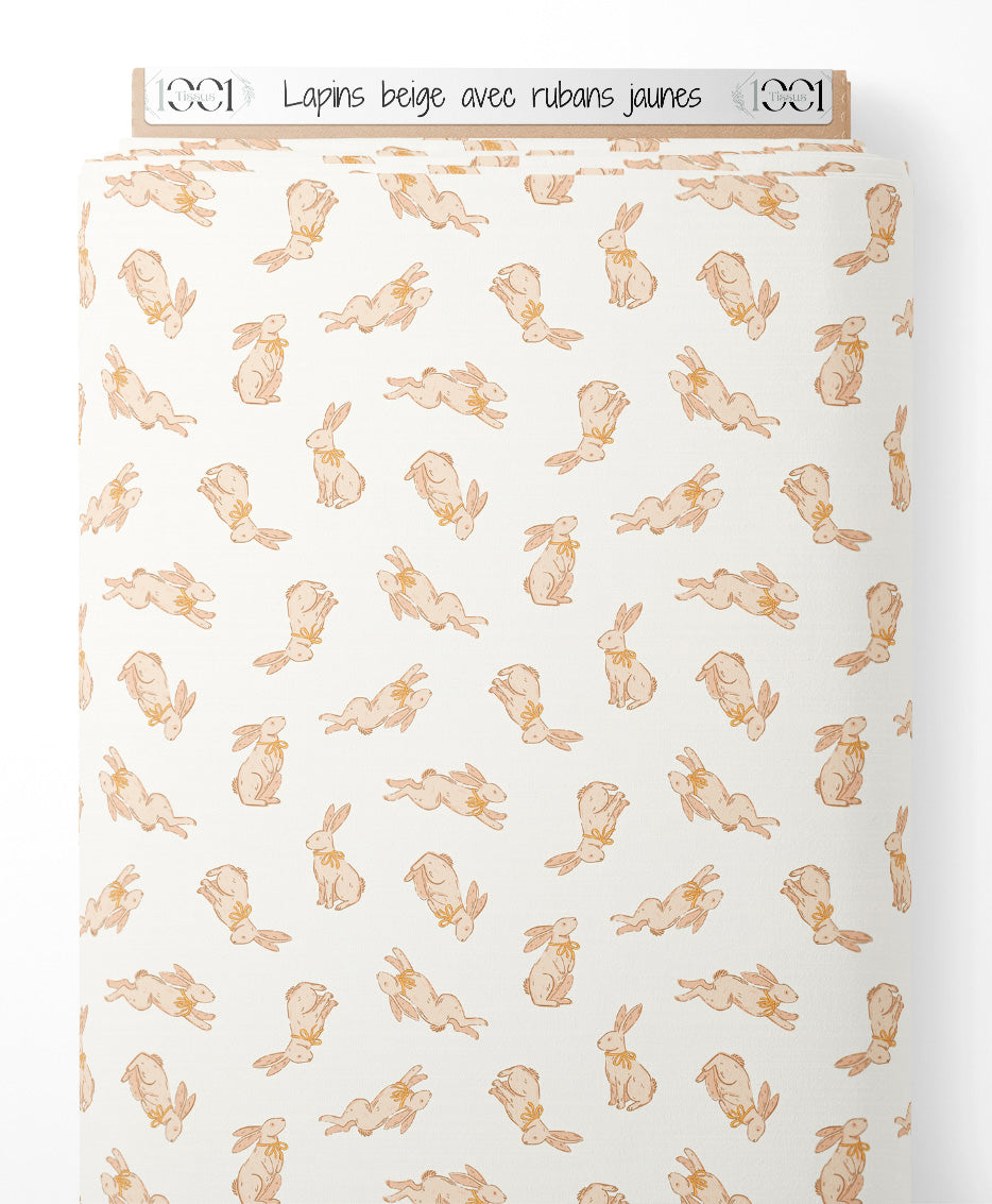 Tissu - Lapins beige avec rubans jaunes