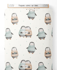 Tissu - Pingouins colorés sur blanc