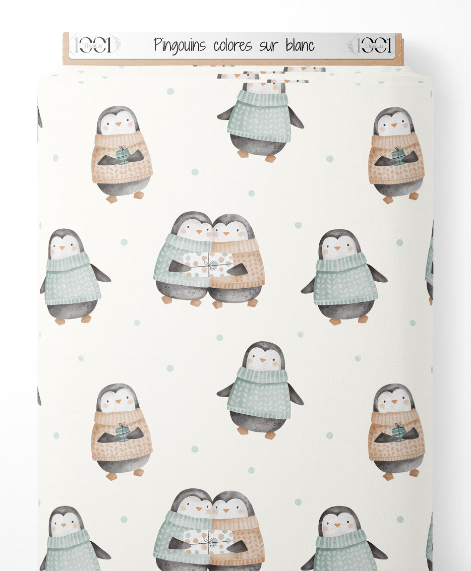 Tissu - Pingouins colorés sur blanc