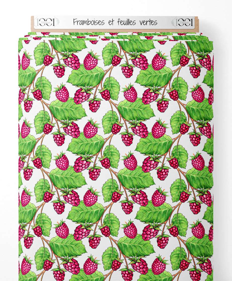 Tissu - Framboises et feuilles vertes