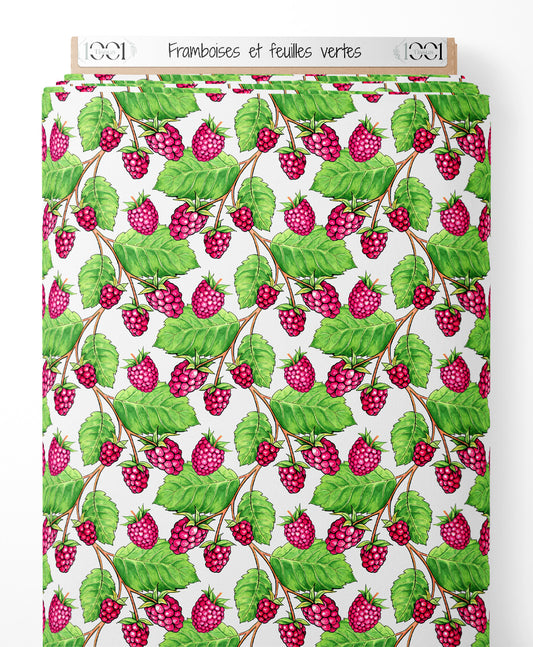 Tissu - Framboises et feuilles vertes