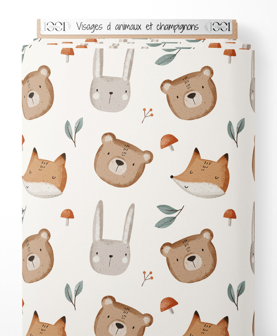 Tissu - Visages d'animaux et champignons