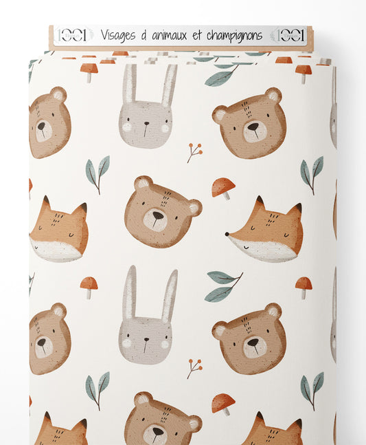 Tissu - Visages d'animaux et champignons