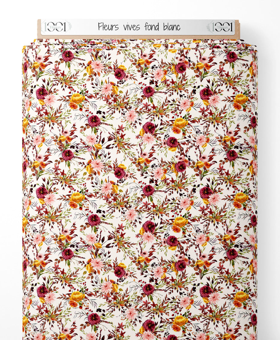 Tissu - Fleurs vives sur fond blanc